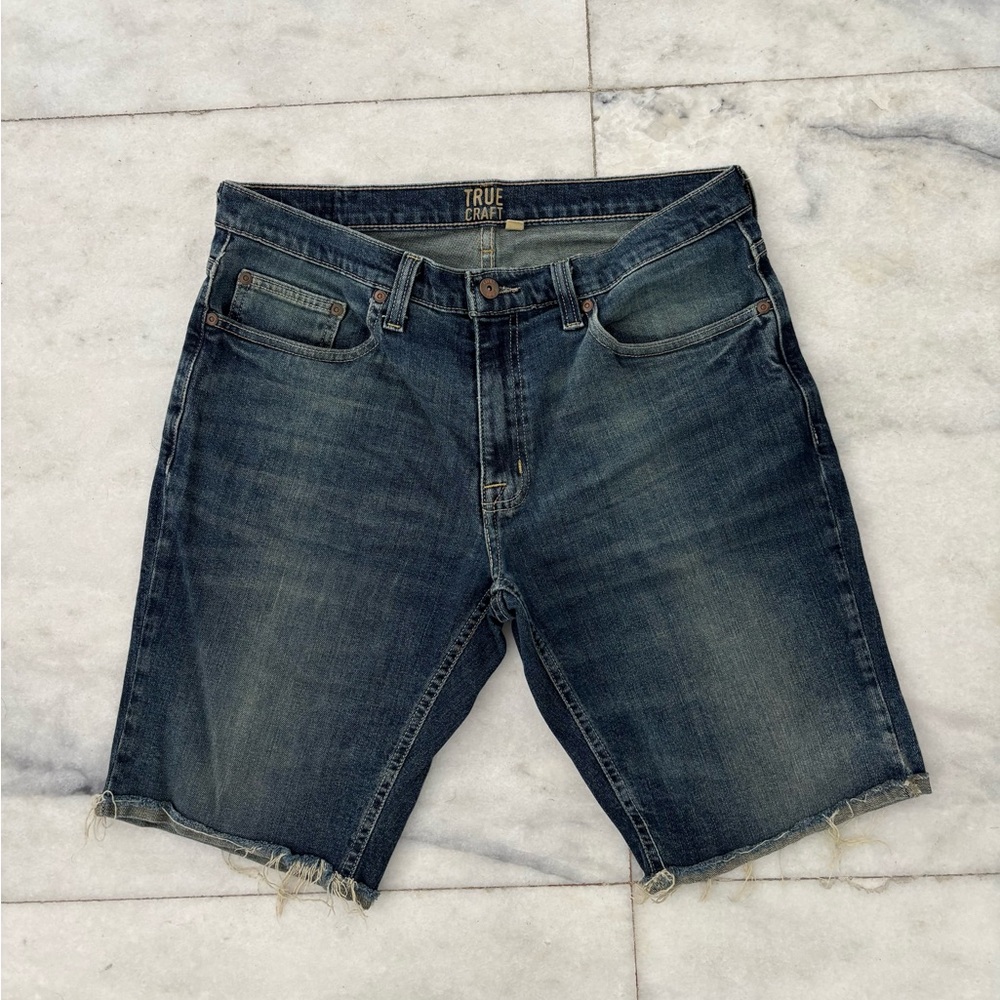 True Craft Shorts Denim Blue Jean Distressed Cut Off Stretch Mens 33 Y2K Grunge